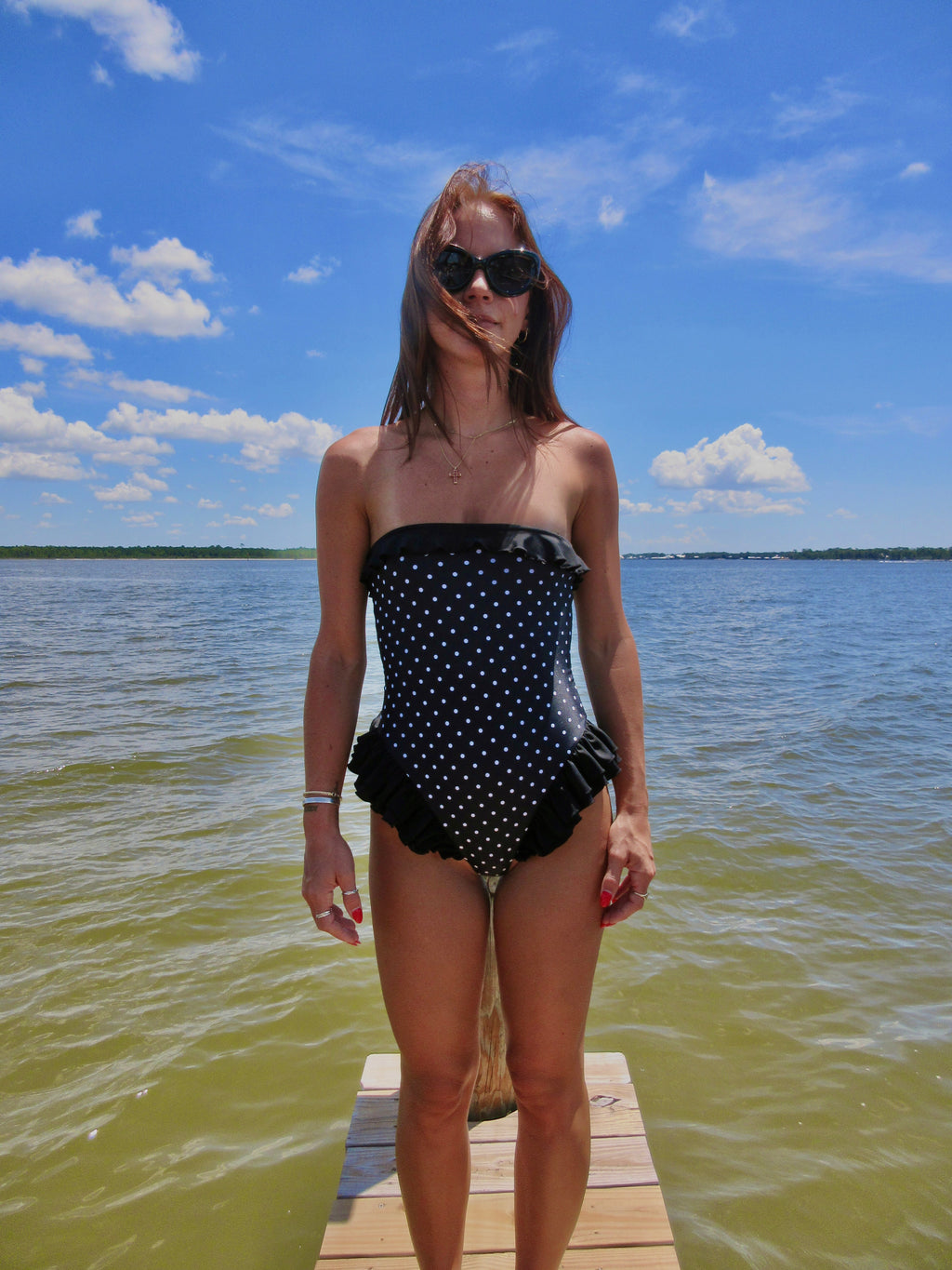 Retro Ruffle Black with White Polka Dot One-Piece