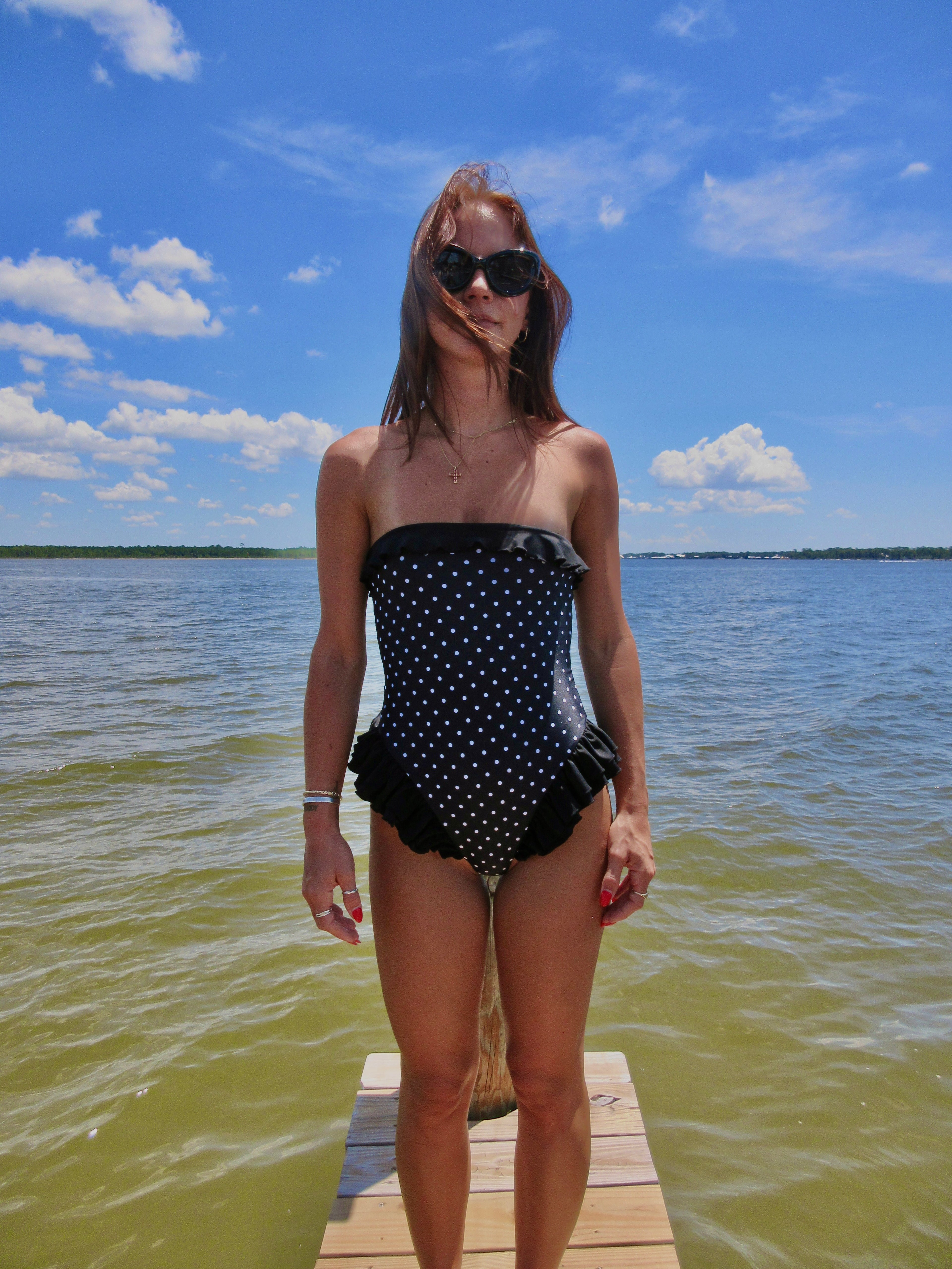 Retro Ruffle Black with White Polka Dot One-Piece