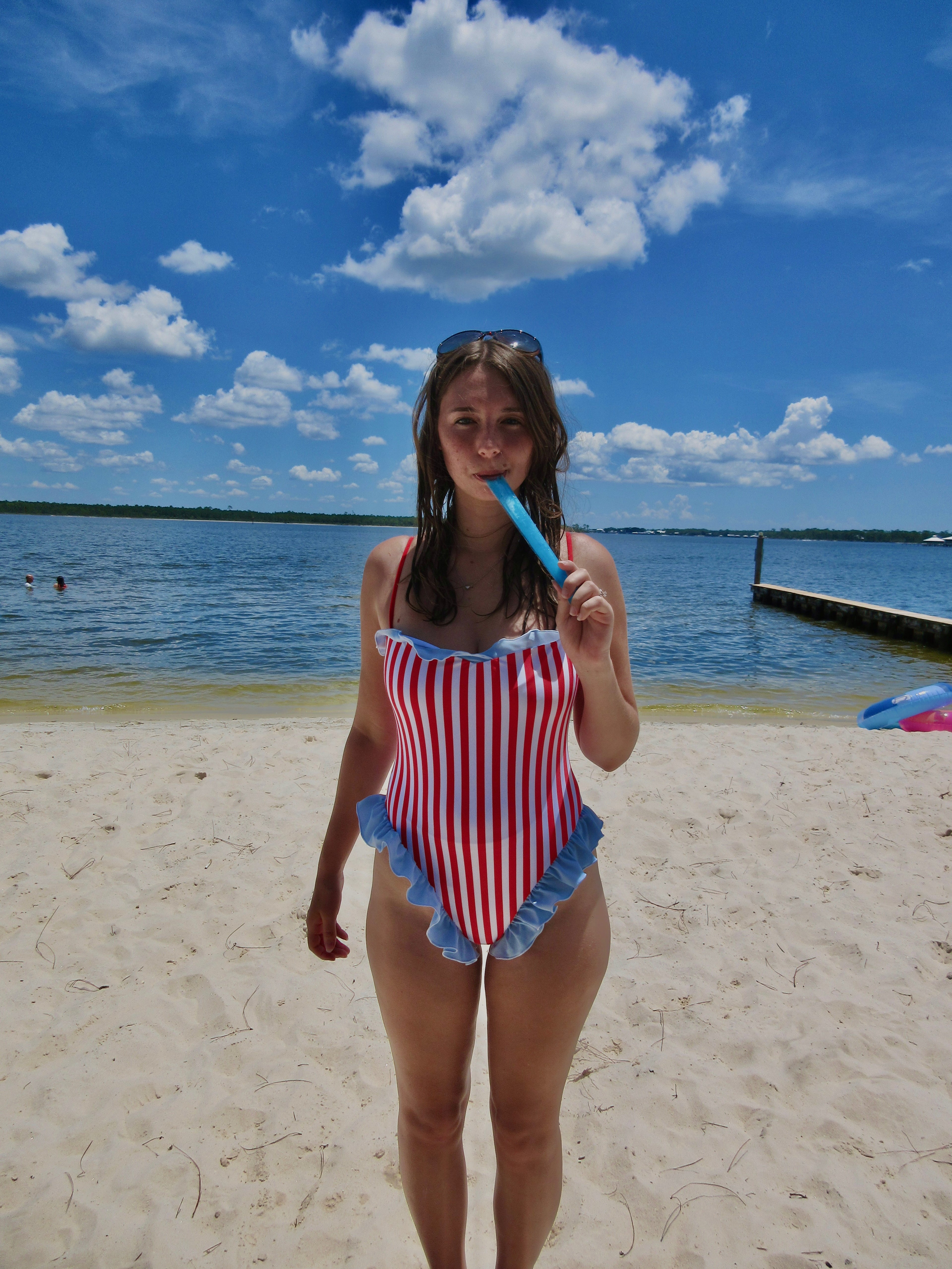 Red and White Striped One-Piece with Baby Blue Ruffles