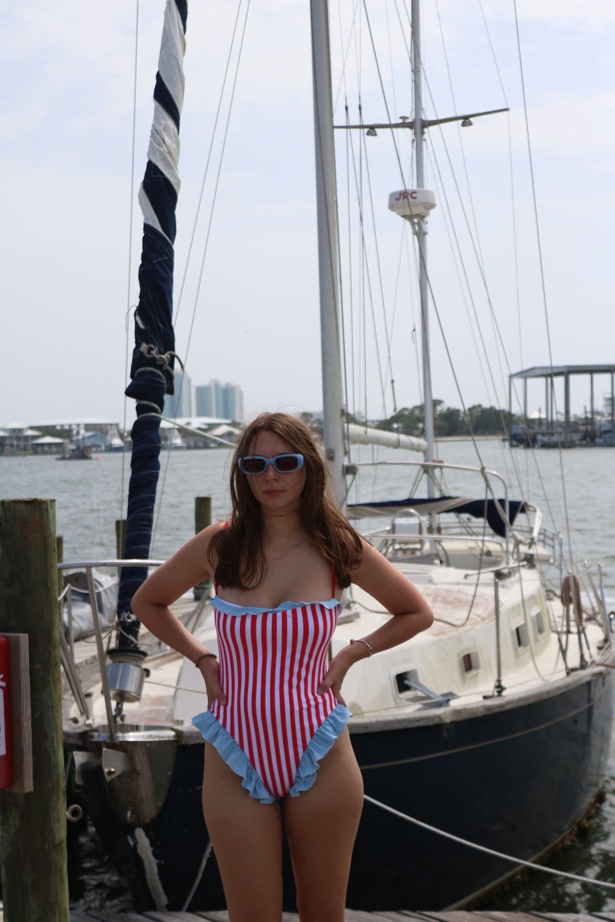 Red and White Striped One-Piece with Baby Blue Ruffles