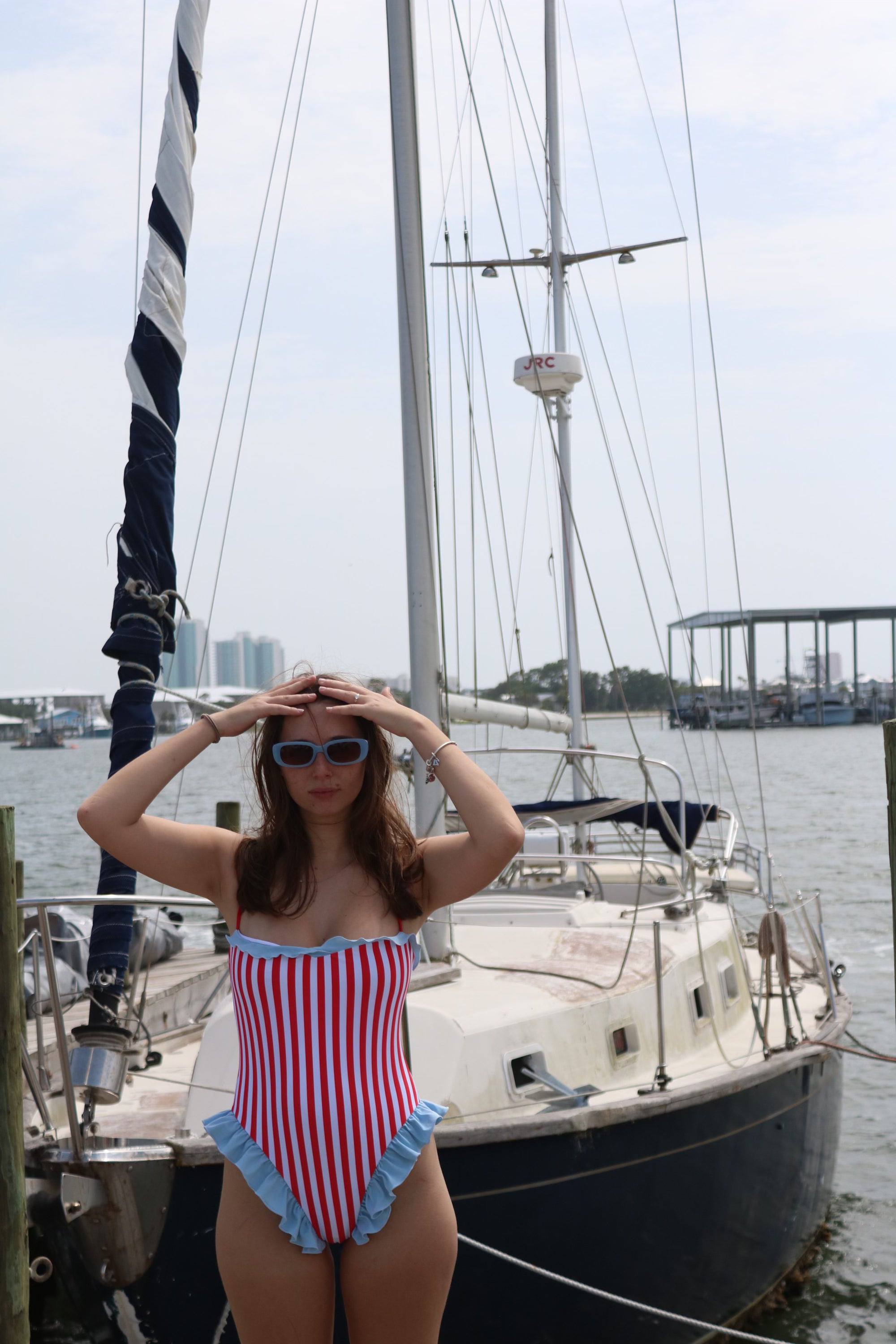 Red and White Striped One-Piece with Baby Blue Ruffles