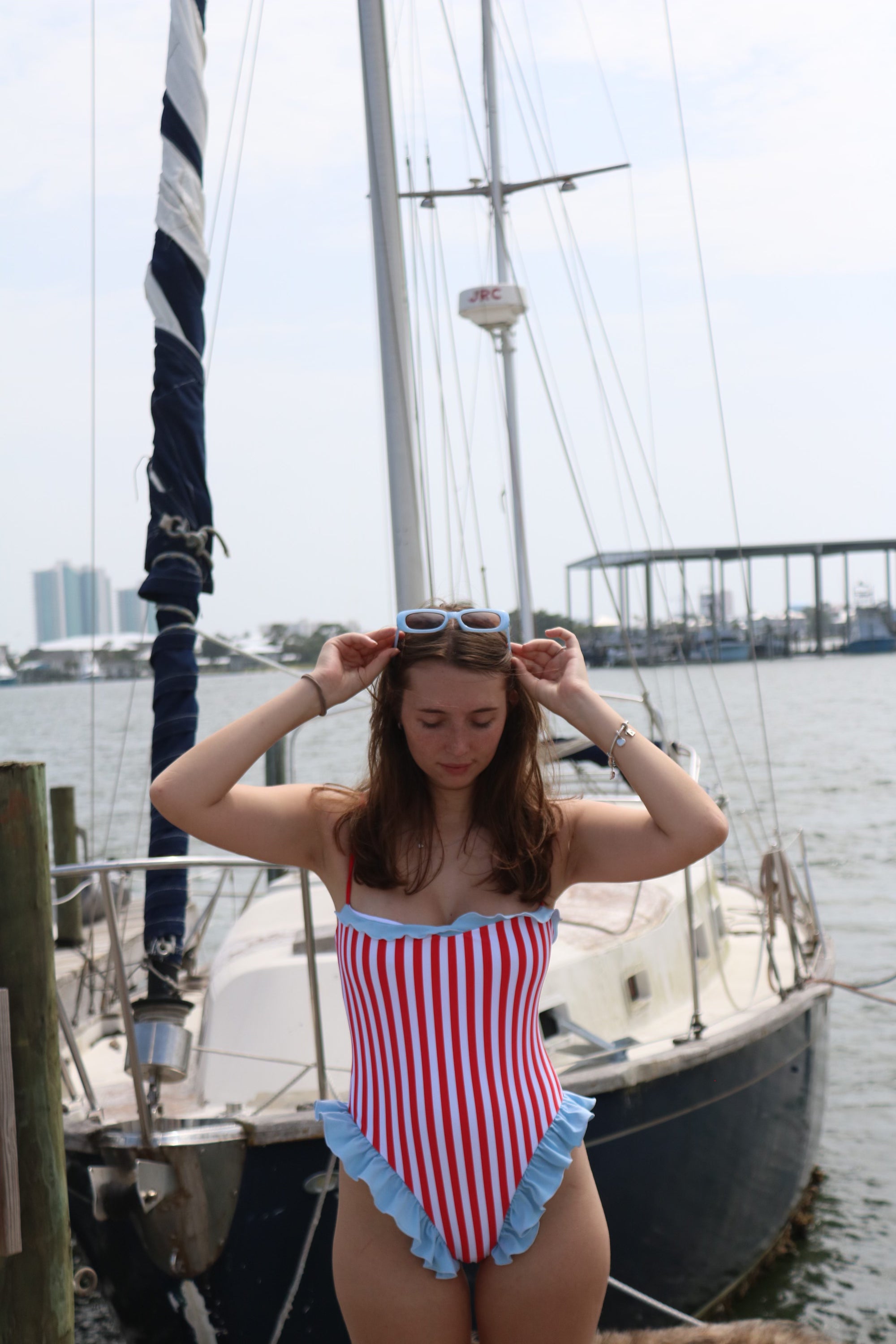 Red and White Striped One-Piece with Baby Blue Ruffles
