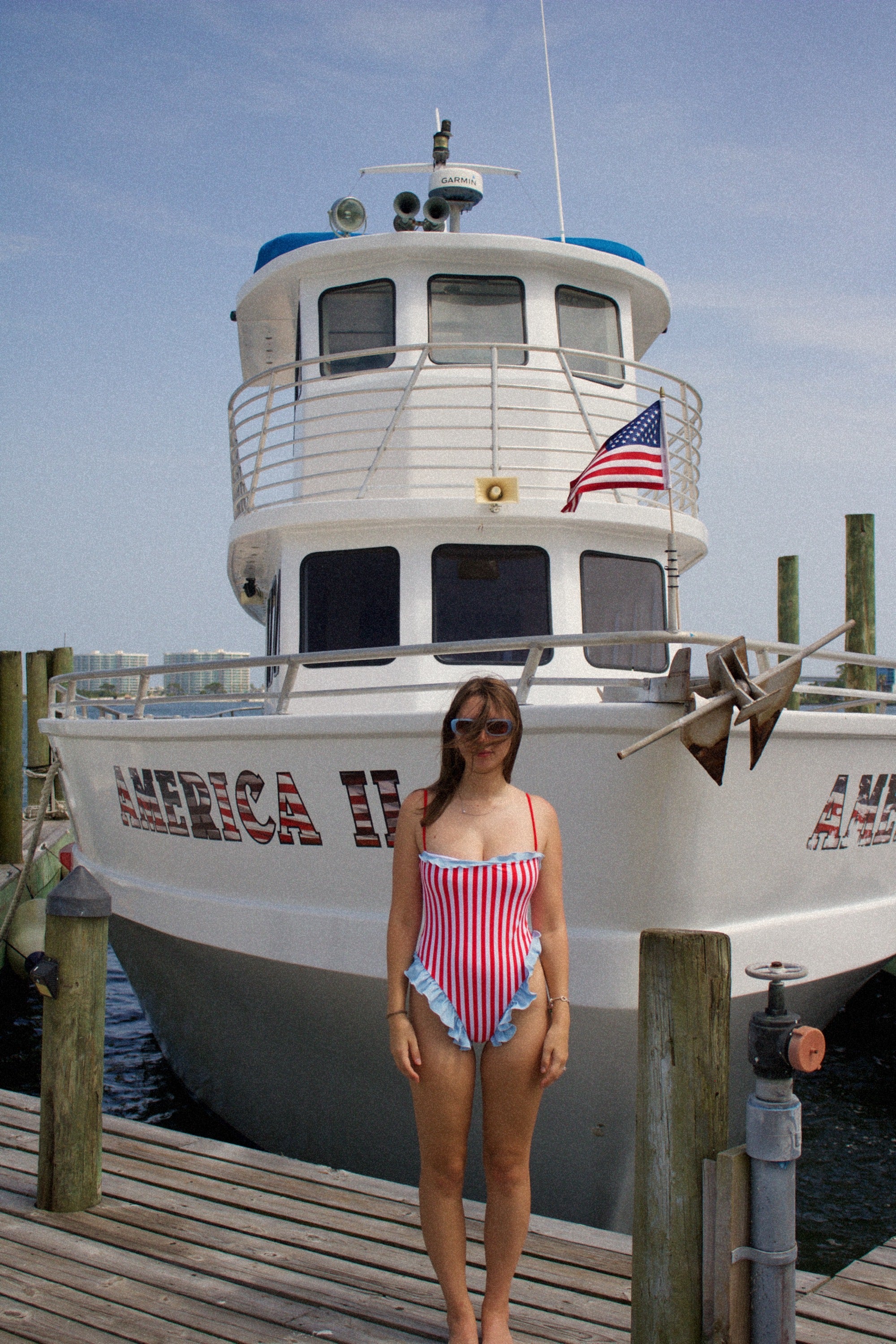 Red and White Striped One-Piece with Baby Blue Ruffles